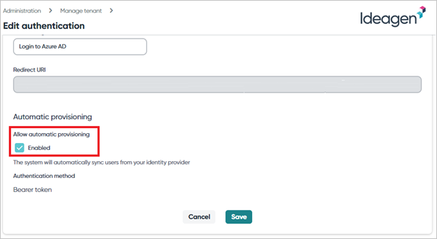 Screenshot dell'opzione consenti il provisioning.