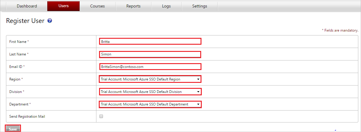 Screenshot shows the Register User page where you enter the specified information.