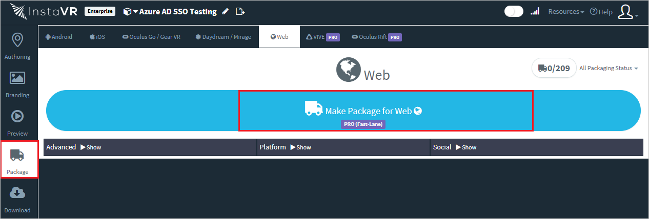 Screenshot mostra il sito aziendale di InstaVR Viewer con Seleziona Pacchetto e Crea pacchetto per Web selezionati.