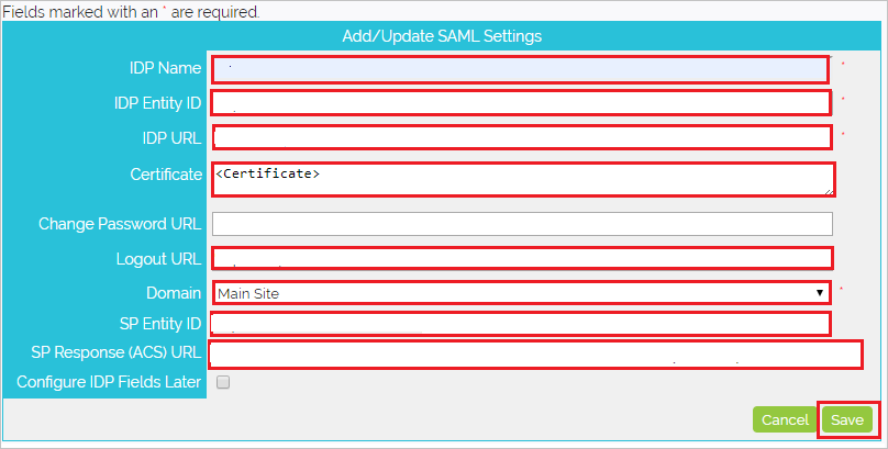 Screenshot che mostra la pagina Add/Update SAML Settings in cui è possibile apportare le modifiche descritte qui.