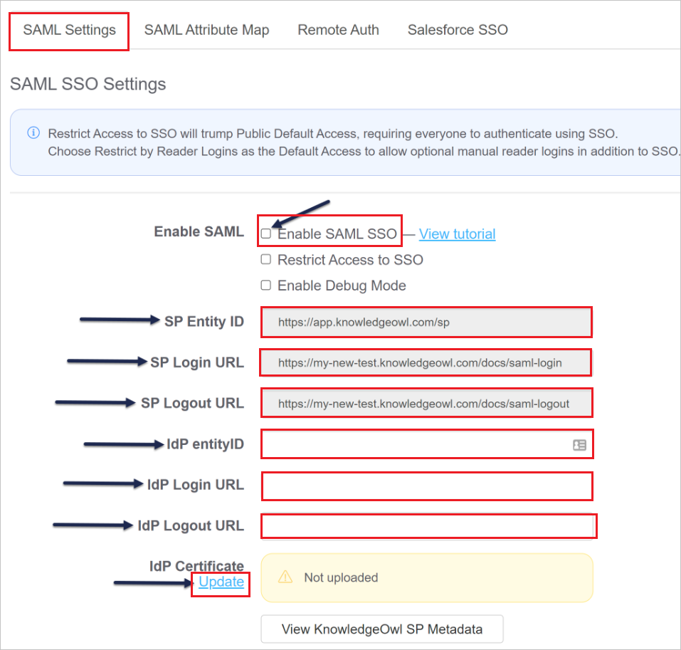 Screenshot che mostra la pagina SAML SSO Integration in cui è possibile apportare le modifiche descritte qui.