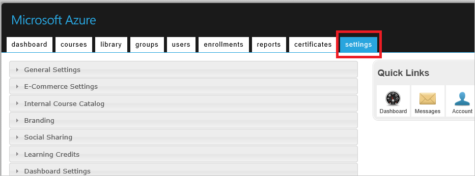 Screenshot che mostra la scheda settings.