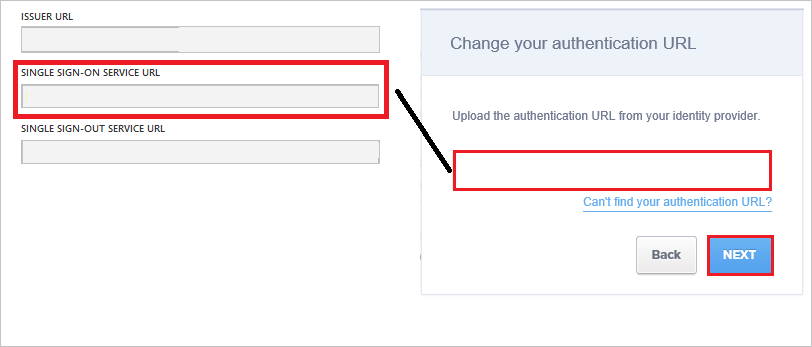 Screenshot che mostra il riquadro Change your authentication U R L in cui è possibile copiare il valore di Login U R L.