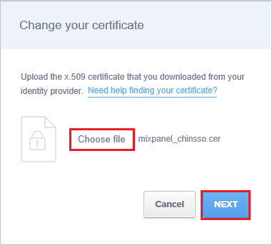 Screenshot che mostra la finestra di dialogo Change your certificate in cui è possibile scegliere un file di certificato.