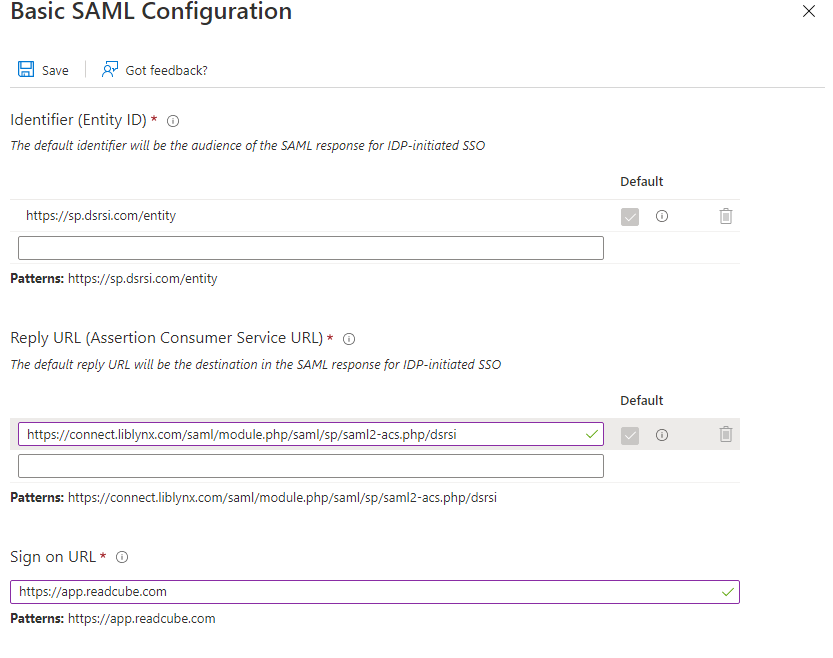 Screenshot che mostra le impostazioni di esempio nel riquadro Configurazione SAML.