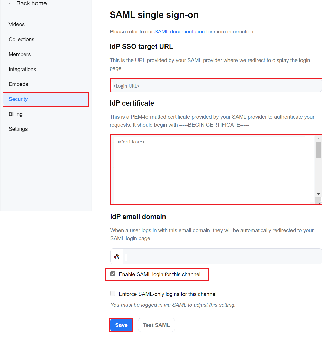 Sezione SAML Single Sign-On.