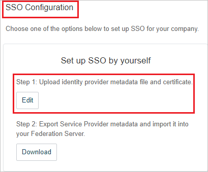 Screenshot che mostra la pagina SSO Configuration in cui è possibile selezionare Edit.