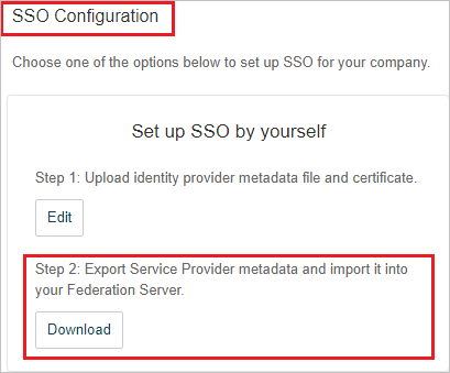 Screenshot che mostra la pagina SSO Configuration in cui è possibile selezionare Download.