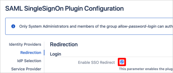 Screenshot parziale della pagina di configurazione del plug-in SAML SSO in Jira in cui è evidenziata la casella di controllo 