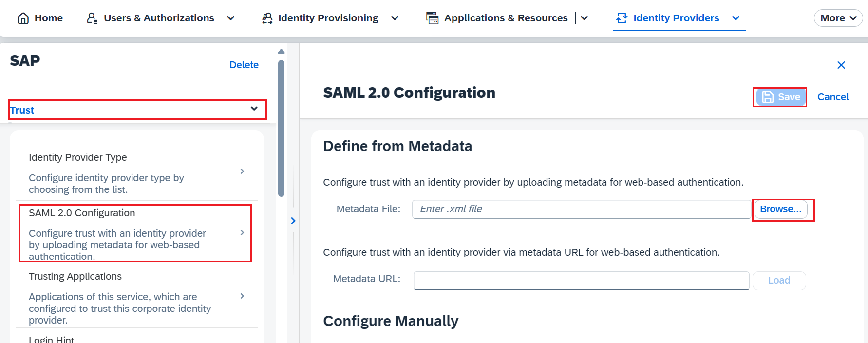 Screenshot che mostra la configurazione del provider di identità.