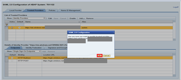 L'opzione OK nella finestra di dialogo Configurazione SAML 2.0 in SAP