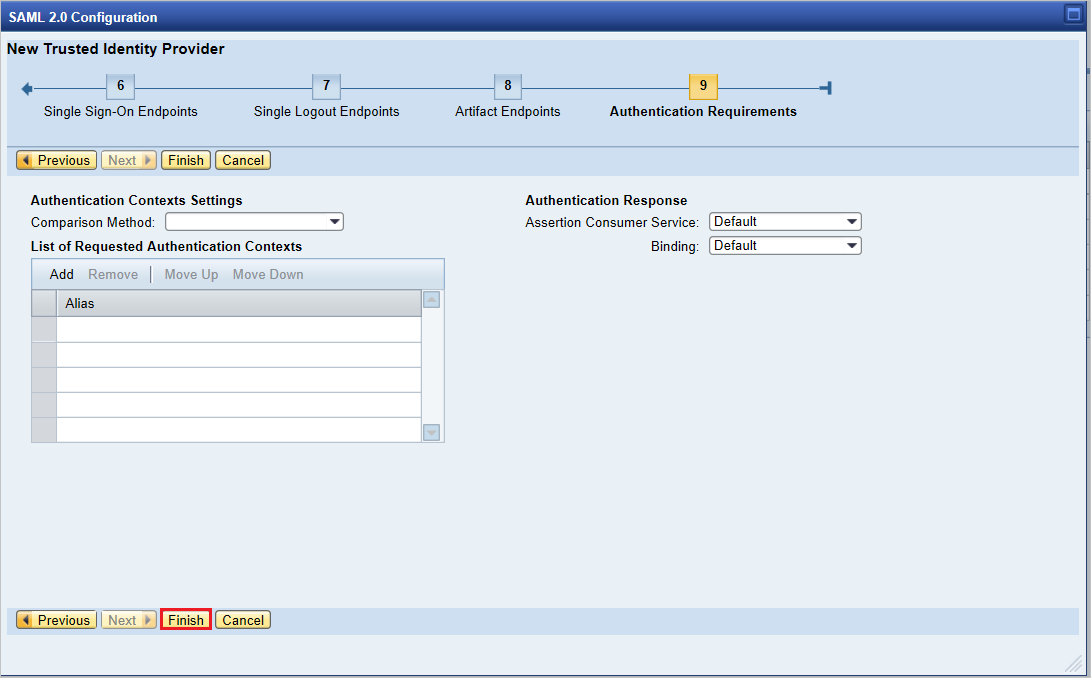 opzioni dei requisiti di autenticazione e l'opzione Fine in SAP