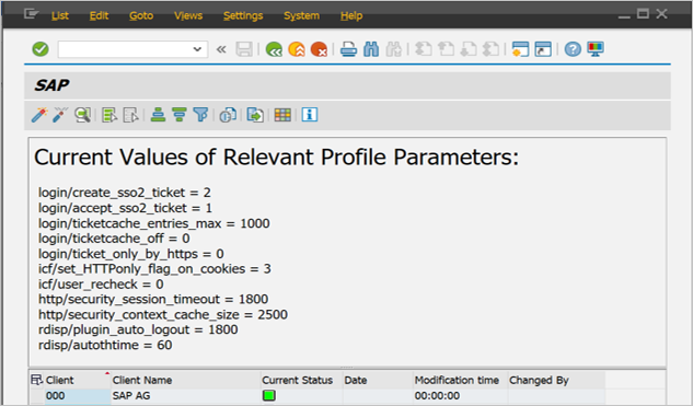 la pagina dei valori correnti dei parametri pertinenti del profilo in SAP