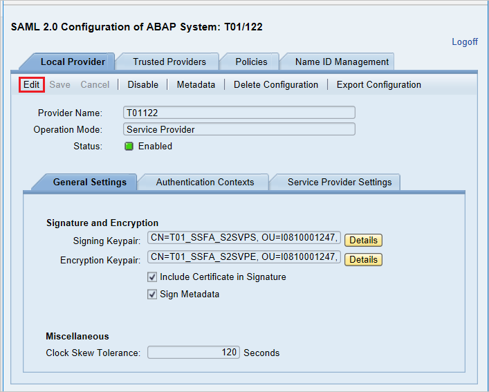 pagina SAML 2.0 Configuration of ABAP System T01/122 (Configurazione SAML 2.0 del sistema ABAP T01/122) in SAP