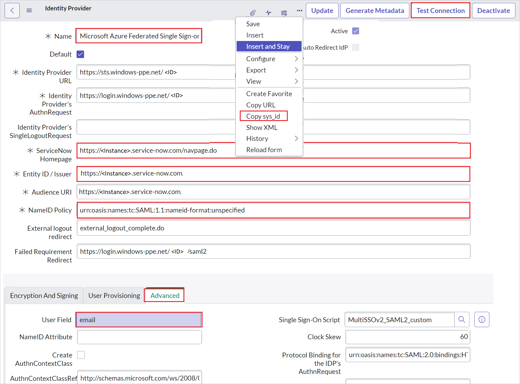 Screenshot della sezione Identity Provider (Provider di identità)