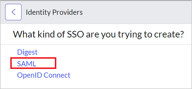 Screenshot della finestra di dialogo Identity Providers (Provider di identità), in cui è evidenziata la voce SAML