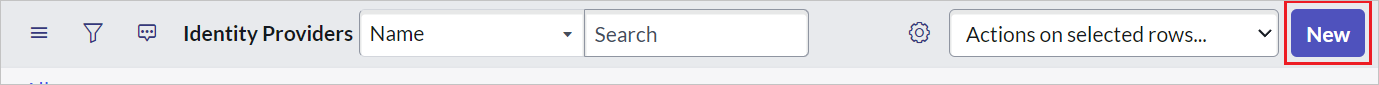 Screenshot della finestra di dialogo Identity Providers (Provider di identità), in cui è evidenziato il pulsante New (Nuovo)