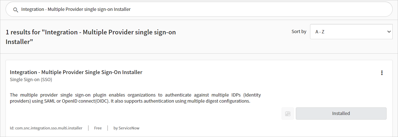 Screenshot della pagina System Plugins (Plug-in di sistema), in cui è evidenziata la voce Integration - Multiple Provider Single Sign-On Installer (Integrazione - Programma di installazione di Multiple Provider Single Sign-On)