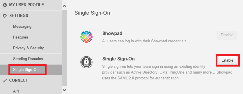 Screenshot mostra l'opzione Single Sign-On selezionata con l'opzione Abilita.