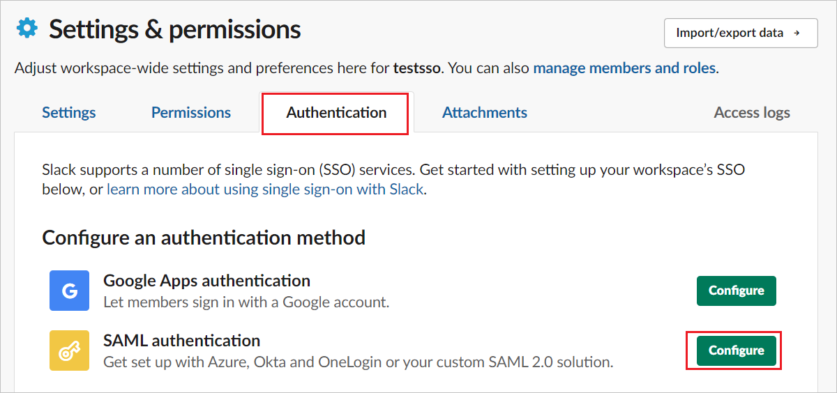 Screenshot di Configure Single Sign-On Team Settings (Configura le impostazioni del team di Single Sign-On).