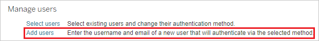 Screenshot che mostra la sezione Manage Users in cui è possibile selezionare Add users.