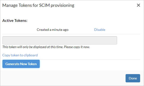 Screenshot della finestra di dialogo Gestisci token per il provisioning SCIM.