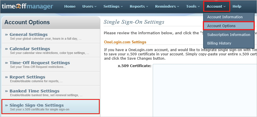 Screenshot mostra l'opzione Single Sign-On Settings selezionata in Opzioni account.