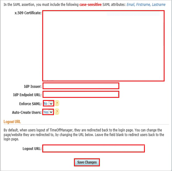 Screenshot mostra la sezione impostazioni di Sign-On singola in cui è possibile immettere i valori descritti.