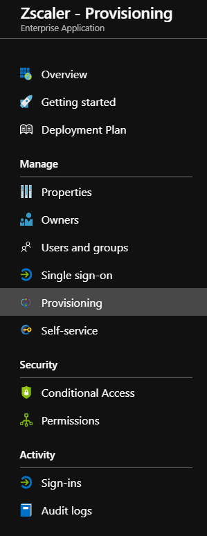 Screenshot della barra laterale di the Zscaler - Provisioning - Applicazione aziendale con l'opzione Provisioning evidenziata.