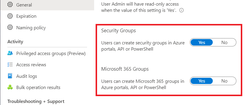 Screenshot che mostra la modifica dell'impostazione dei gruppi di sicurezza di Microsoft Entra.