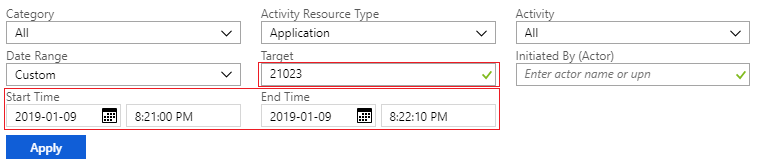 Screenshot dei filtri del log di provisioning.