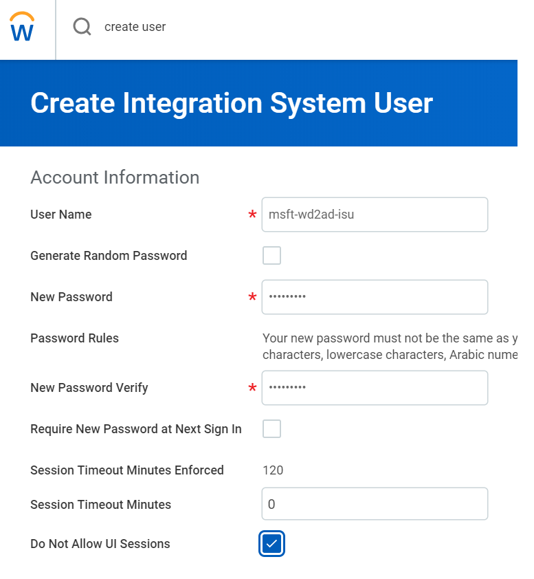 Screenshot di Create Integration System User (Crea utente del sistema di integrazione).