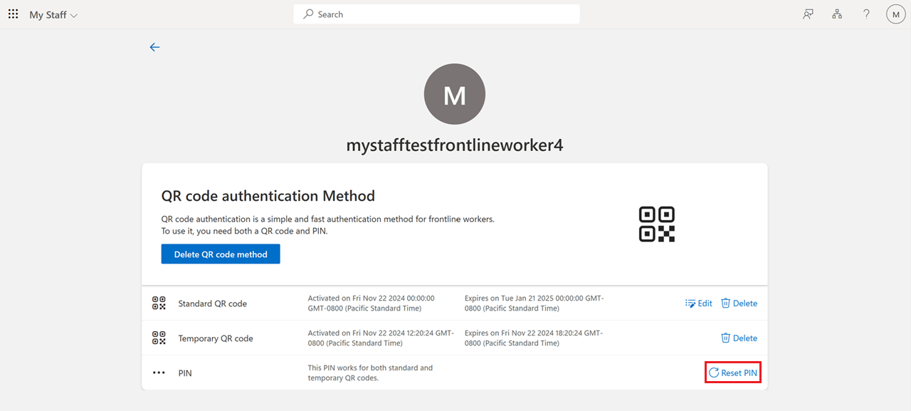 Screenshot that shows how to reset a PIN in My Staff.