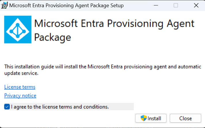 Screenshot che mostra la schermata iniziale del pacchetto Agente di provisioning Microsoft Entra Connect.