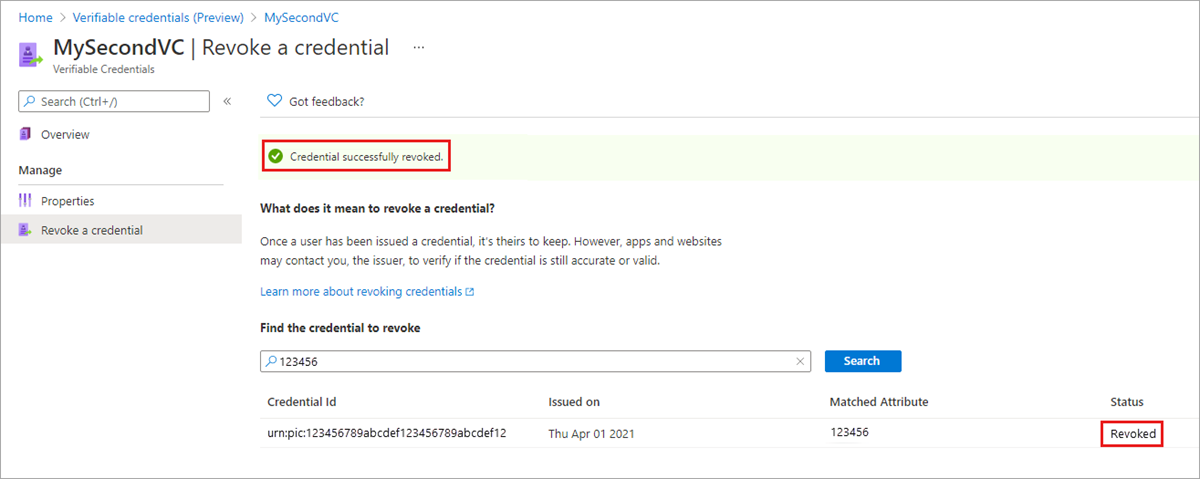 Screenshot che mostra un messaggio di credenziale verificabile revocato correttamente.