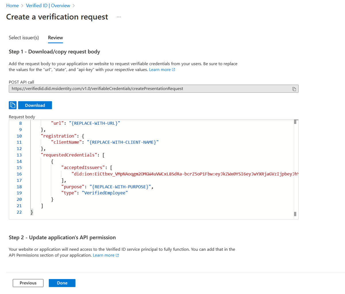 Screenshot that shows the Verified ID Network issuer's details.