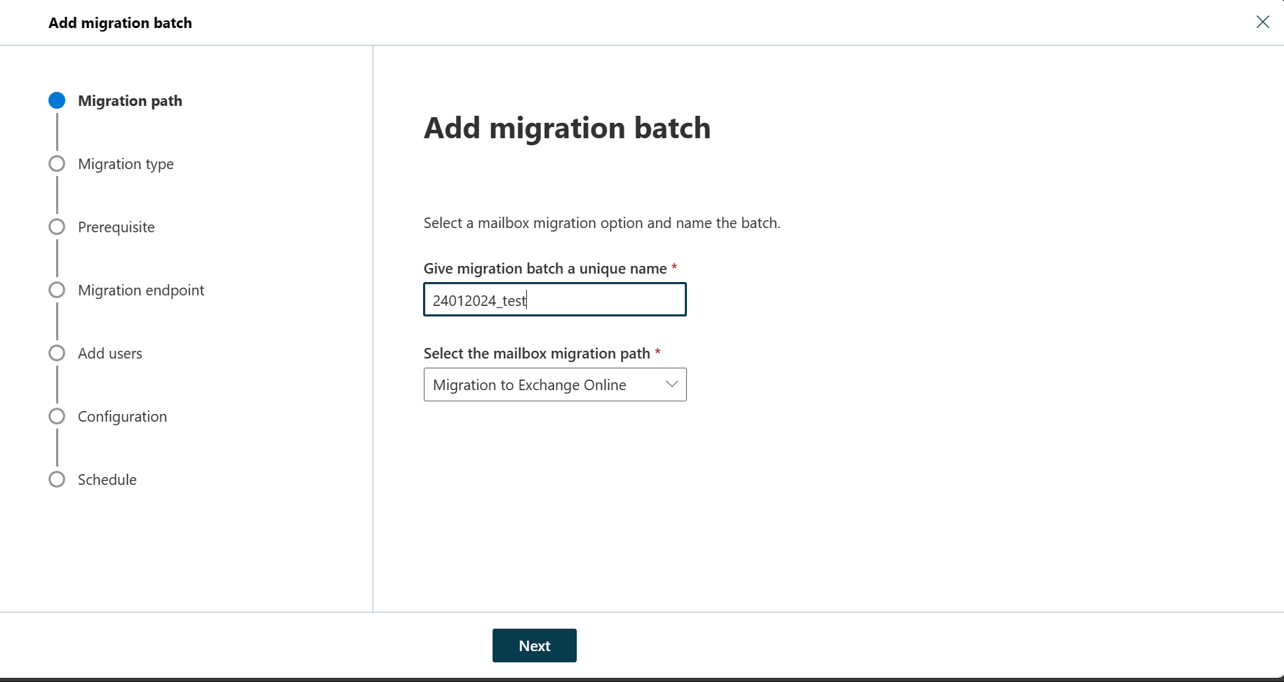 Screenshot della migrazione guidata che mostra la pagina Aggiungi batch di migrazione in cui l'utente può specificare un nome batch univoco e selezionare il percorso di migrazione delle cassette postali.