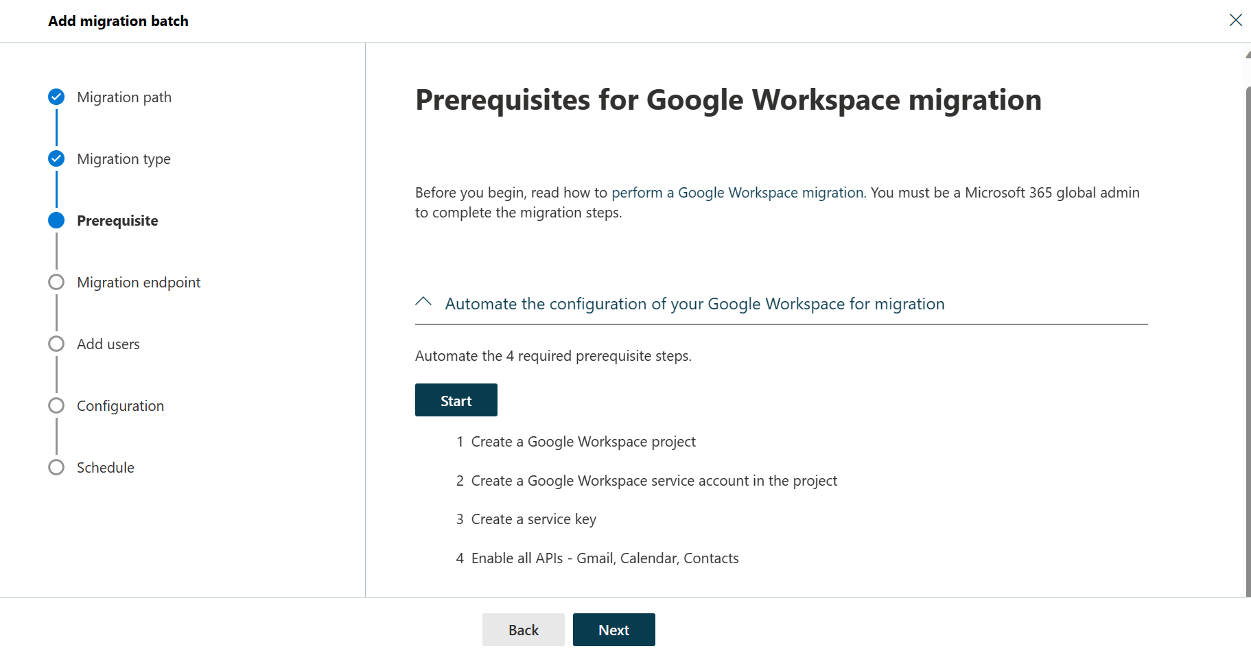 Screenshot della finestra di dialogo Prerequisiti per La migrazione di Google Workspace che mostra un elenco di passaggi di configurazione e il pulsante Start che automatizzerà il processo.