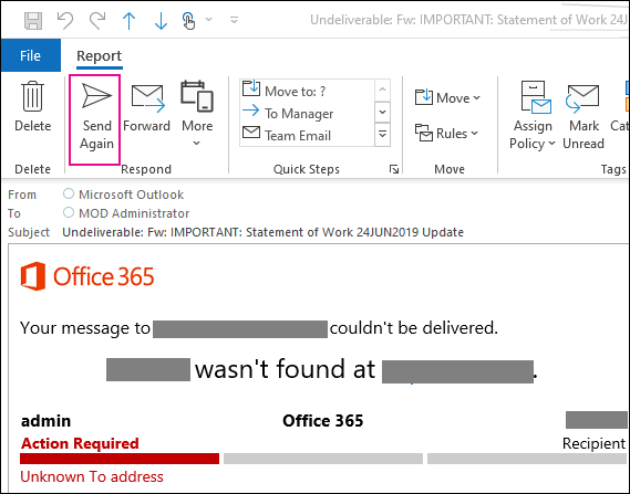 utilizzare la funzionalità Invia di nuovo in Outlook per le richieste di registrazione recapito nella cassetta postale di inserimento nel journal alternativa.