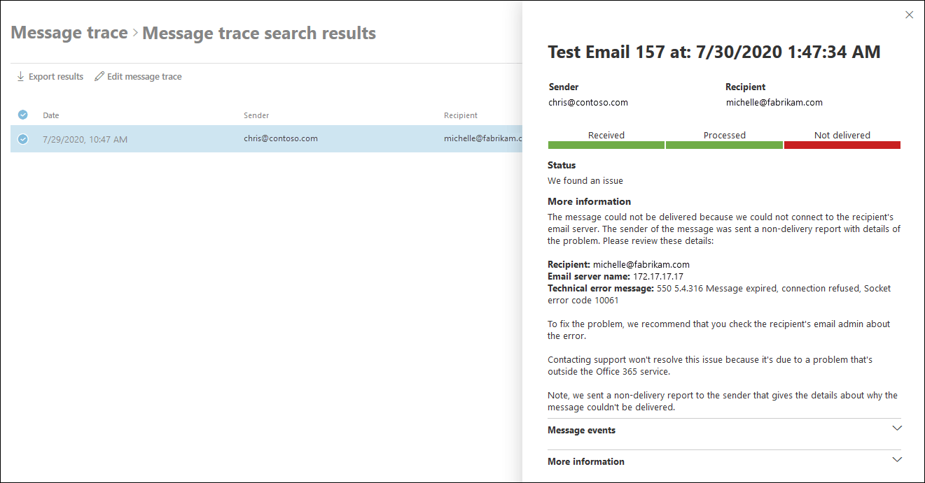 Dettagli della traccia dei messaggi nella traccia dei messaggi nella nuova interfaccia di amministrazione di Exchange.