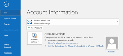 Pagina Informazioni account in Outlook 2016.