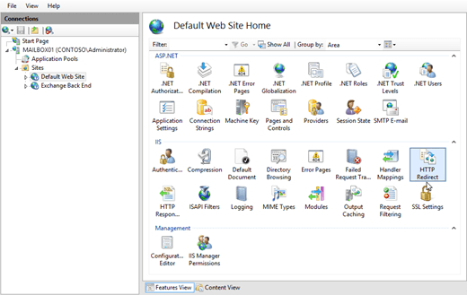 In Gestione IIS selezionare il sito Web predefinito e quindi selezionare Reindirizzamento HTTP.