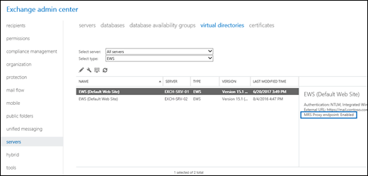 In EAC, selezionare la directory virtuale EWS e verificare che l'endpoint proxy MRS sia abilitato nel riquadro dei dettagli.