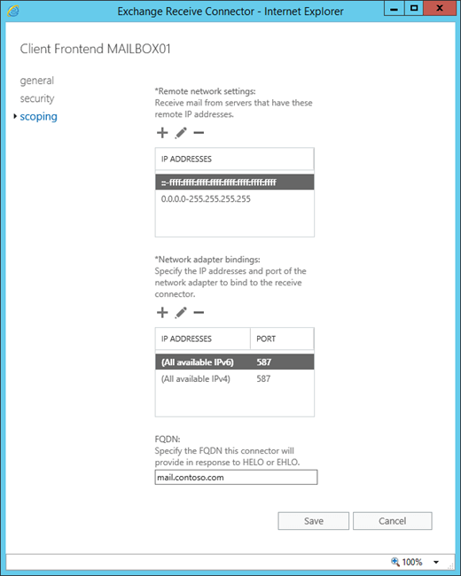 Scheda Di ambito per il connettore di ricezione front-end client.