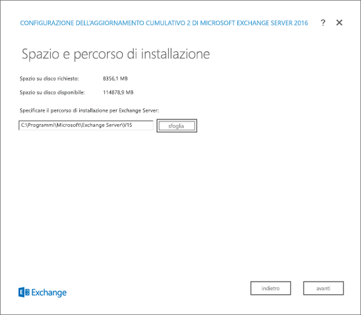 Installazione di Exchange, Pagina Spazio e percorso di installazione.