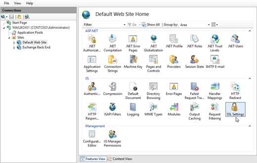 In Gestione IIS selezionare il sito Web predefinito e quindi selezionare Impostazioni SSL.