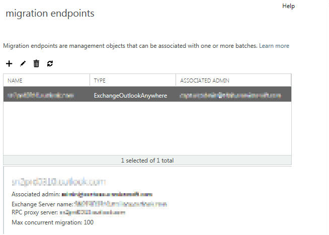 Screenshot delle proprietà dell'endpoint di migrazione.