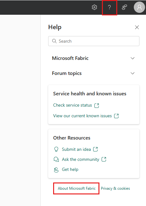 Screenshot che mostra come accedere a Informazioni su Microsoft Fabric nel riquadro dell’Aiuto online.