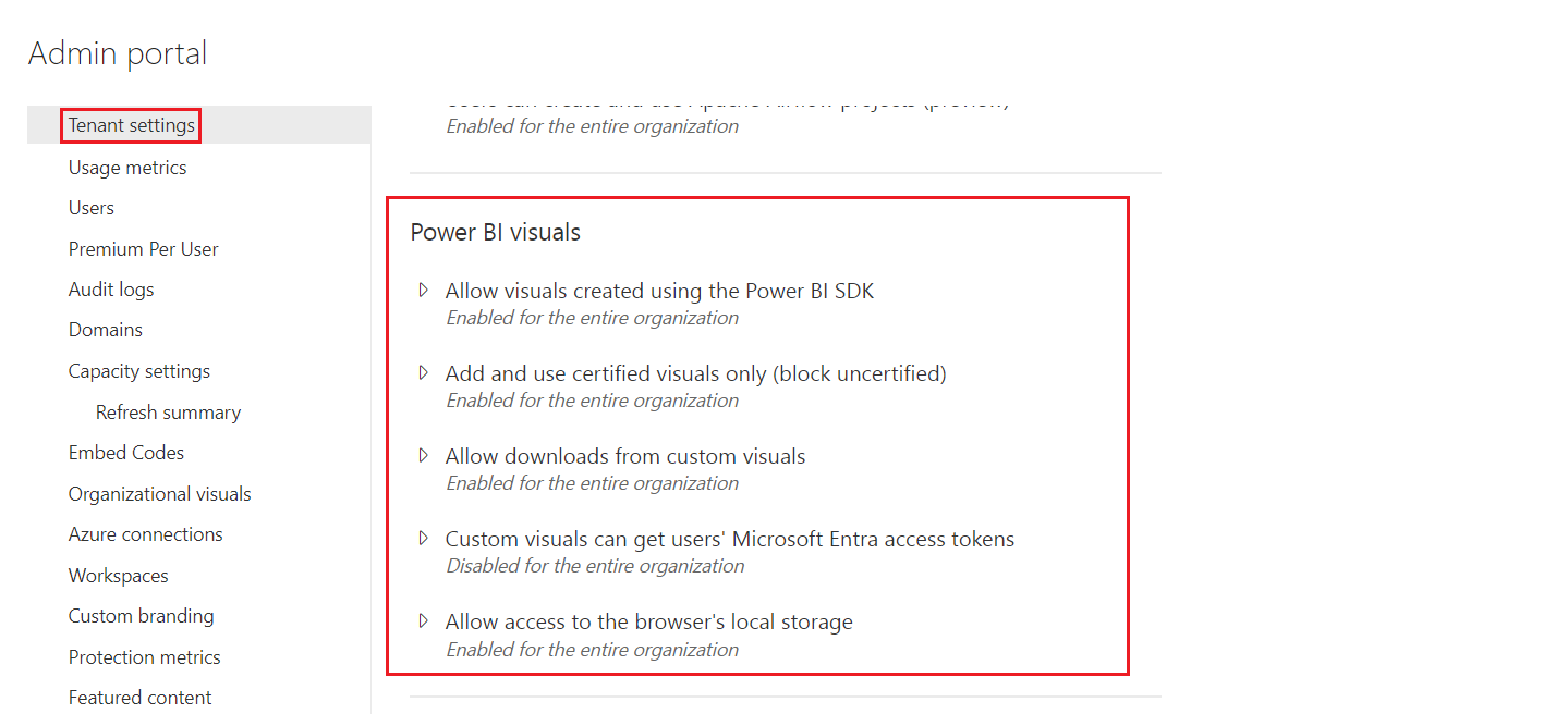 Screenshot del percorso delle impostazioni del tenant degli oggetti visivi di Power BI.