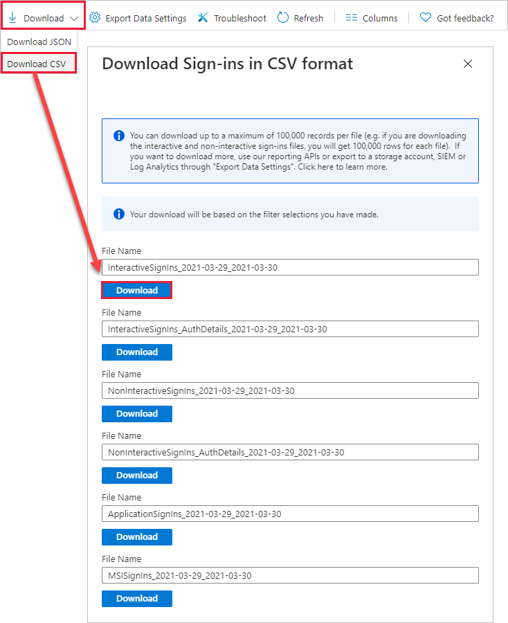 Screenshot dell'esportazione dei dati con l'opzione per il download evidenziata.